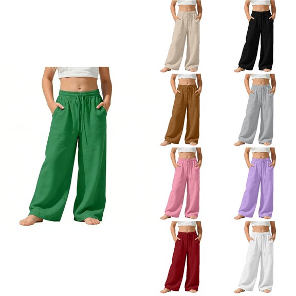 SROBPTY Teen Girls Pants Solid Wide Leg Drawstring with Pockets Loose Trousers for Daily Wear
