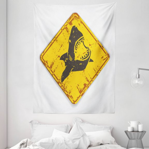 Shark Tapestry, Caution Shark Sign Sharp Teeth Animal Ocean Danger Do Not Swim Illustration, Wall Hanging for Bedroom Living Room Dorm Decor, 60W X 80L Inches, Earth Yellow Grey, by Ambesonne