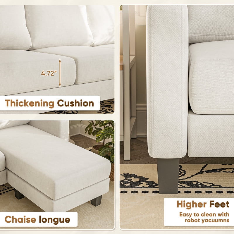 Furmax 70" Convertible Sectional Sofa Couch 3-Seat L-Shaped Small Sofa Couch with Reversible Chaise for Small Living Room, Apartment and Small Space, Linen White