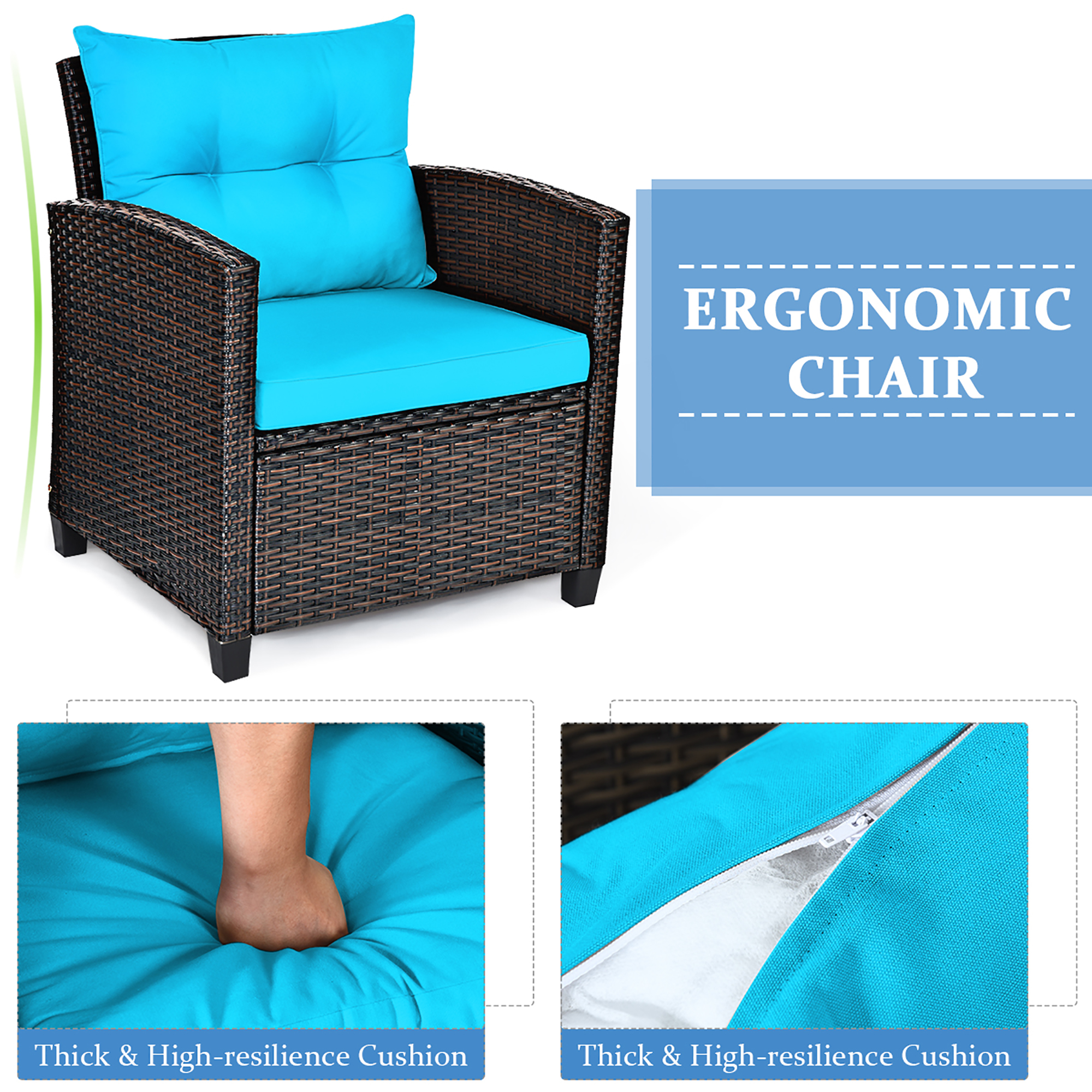 Costway 3-Piece Patio Rattan Conversation Set, Turquoise photo 8