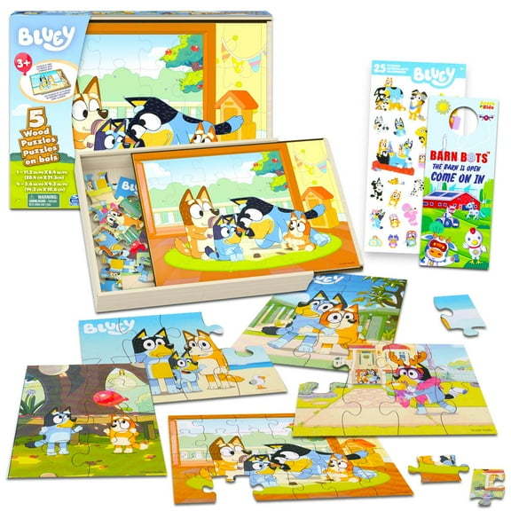 Bluey Wooden Puzzle 5 Pack - Bluey Wood Puzzles Bundle with Holding Tray, Stickers and More | Bingo Jigsaw Puzzles for Kids