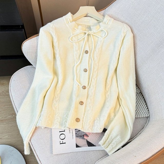Suéter tipo cárdigan de punto trenzado con lazo corto y estilo suave de manga larga para otoño e invierno, nuevo, para mujer