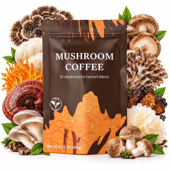 Instant Mushroom Coffee, 10-Mushroom Extract Blend with Lion’s Mane, Reishi, Cordyceps, Turkey Tail & Chaga, Vegan, 6.35 oz (180g)