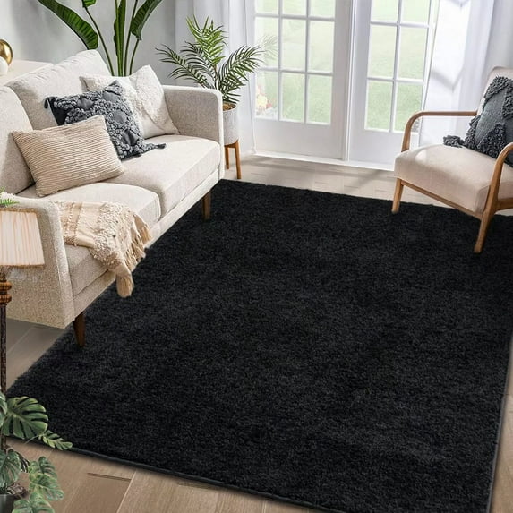 Haperlare Living Room Shag Area Rug 8' x 10' Solid Plush Carpet Soft Non-Shedding Rug for Bedroom, Black