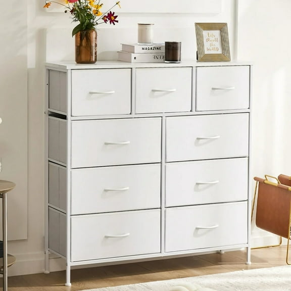 SLOK 9 Drawer Fabric Dresser, Bedroom Closet Organizer Storage Cabinet for Hallway/Entryway, White