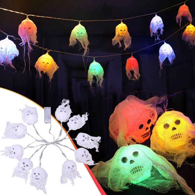10 LED Halloween String Lights LED White Gauze Skull Battery Decoration Lights