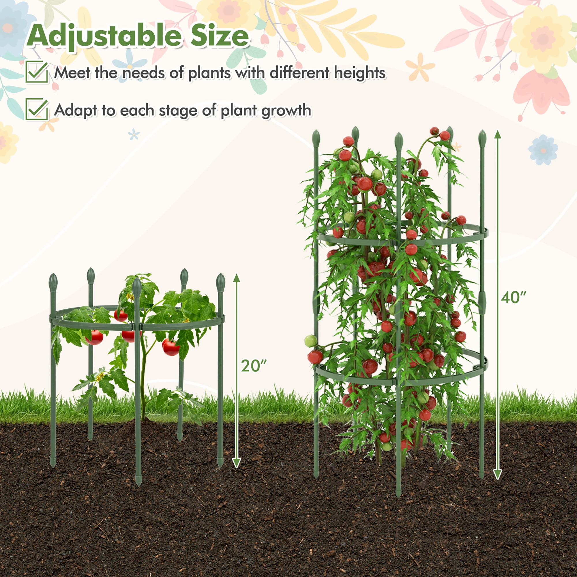 Gymax 3-Pack Garden Tomato Trellis 40'' Plant Support Cage w/ Adjustable Size for Plants