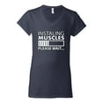thumbnail image 2 of Wild Bobby Installing Muscles Please Waitâ€¦ Gym/Workout Women Standard V-Neck Tee, Navy, Medium, 2 of 5