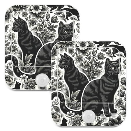 

Black Cats with Flowers LED Motion Sensor Night Light 2 Pcs Plug-in Wall Lamp Dusk-to-Dawn for Bedroom Hallway Bathroom Kitchen Decor