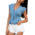 thumbnail image 5 of Women's Denim Vest Trendy Cap Sleeve V Neck Button Down Jean Vest Tops for Summer Crop Waistcoat Light Blue, 5 of 6