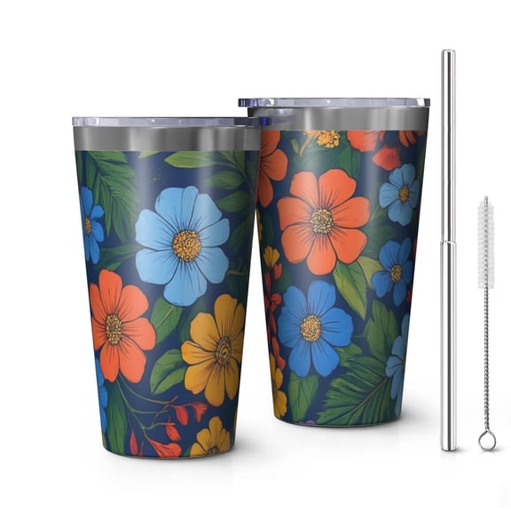 16oz Tumblers Pioneer Flower Floral Print Pattern Stainless Steel Vacuum Insulated Double Wall Travel Tumbler Cups Mug with Lid and Straw,Cleaning Brush for Coffee,Tea