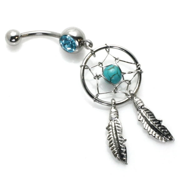 14g (1.6mm) Turquoise Dream Catcher Woven Star Stainless Steel Dangle Belly Ring Navel Piercing Body Jewelry