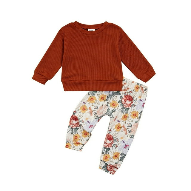 Baby Girls Long Sleeve Solid Color Waffle Pullover Tops+Long Pants Flower Printed