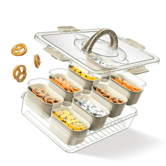 Cook With Color 8-Compartment Plastic Snackle Box, Charcuterie and Snack Container, Divided Serving Tray with Lids and Handle, Neutral