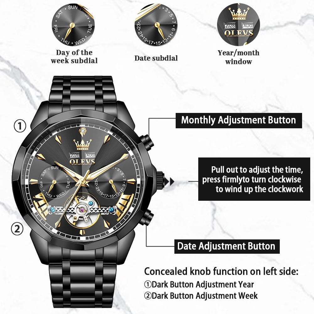 OLEVS Automatic Watches for Men Luxury Dress Waterproof Self Winding Mechanical Chronograph Diamond Stainless Steel Luminous Date Skeleton Tourbillon Mens Watches Gift Reloj Para Hombre Black Dial