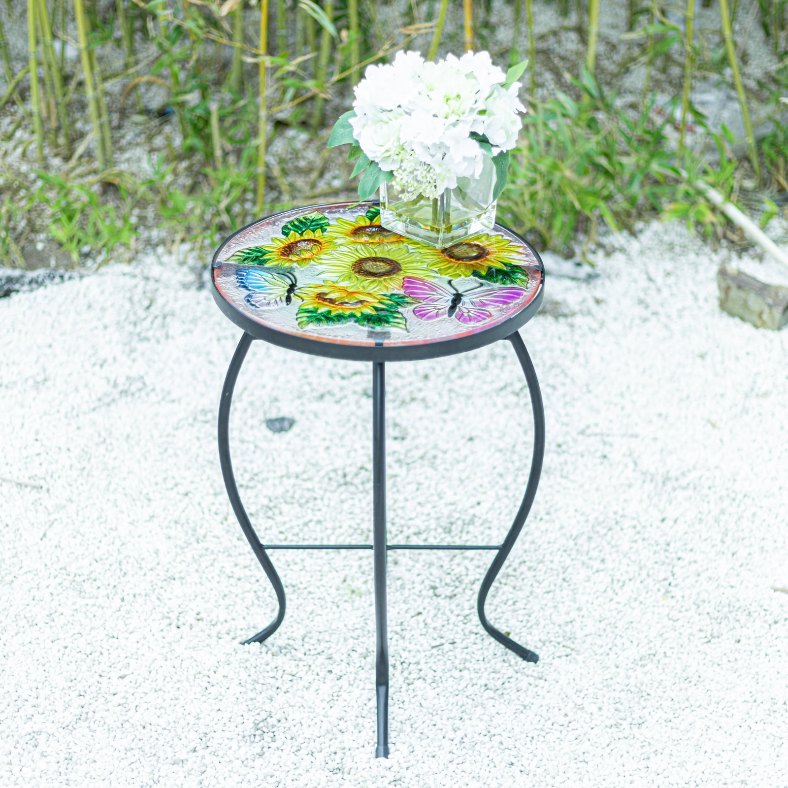 Wonder Garden Mosaic Side Table Outdoor for Patio, Indoor Accent Table Coffee Table for Bistro, Plant End Table Small, Sunflower Round Glass Plant Table Stands