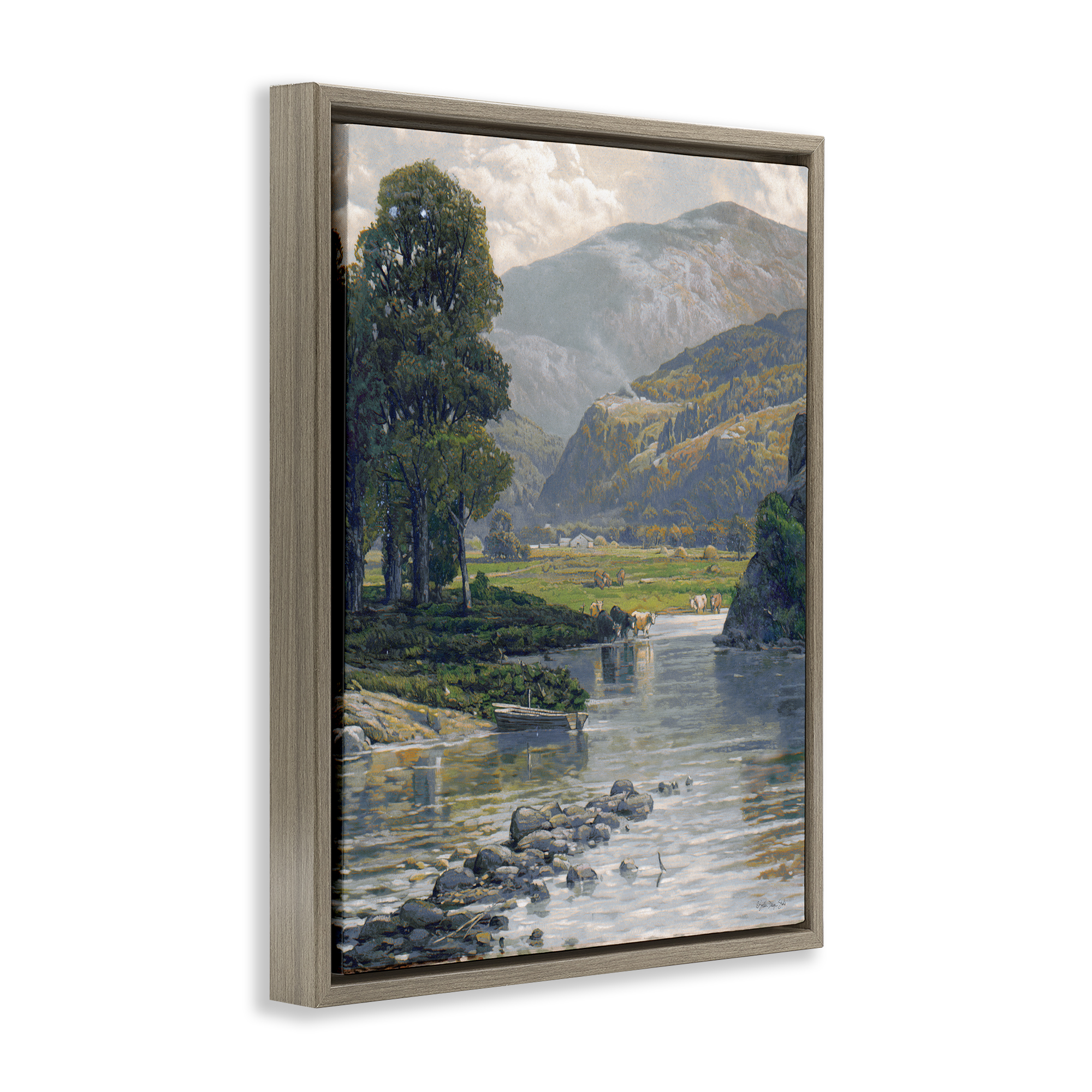 Stupell Industries Pebbled Creek Terrain Landscape & Nature Painting Brown Floater Framed Canvas Art Print Wall Art, 17 x 21