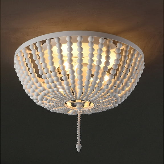 JONATHAN Y Allison 15" 3-Light Shabby Chic Farmhouse Wood Beaded/Metal LED Flush Mount, White, JYL9019D