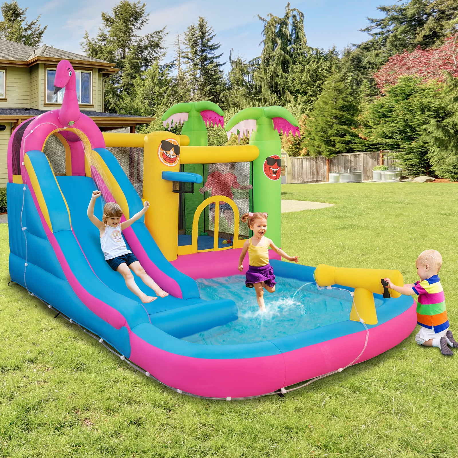 Topbuy 6-In-1 Dry Damp Combo Water Slide Inflatable Bouncy House with Climbing Wall Blowup Jumping Castle