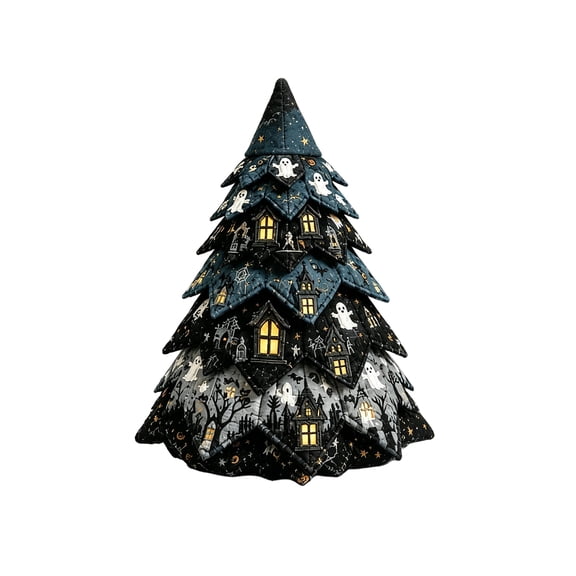 WEEEANT Halloween Fabric Patchwork Tree featuring Spooky Haunted House and Ghost Designs for Eerie Holiday Atmosphere and Mantle Tabletop Decor, 10 in