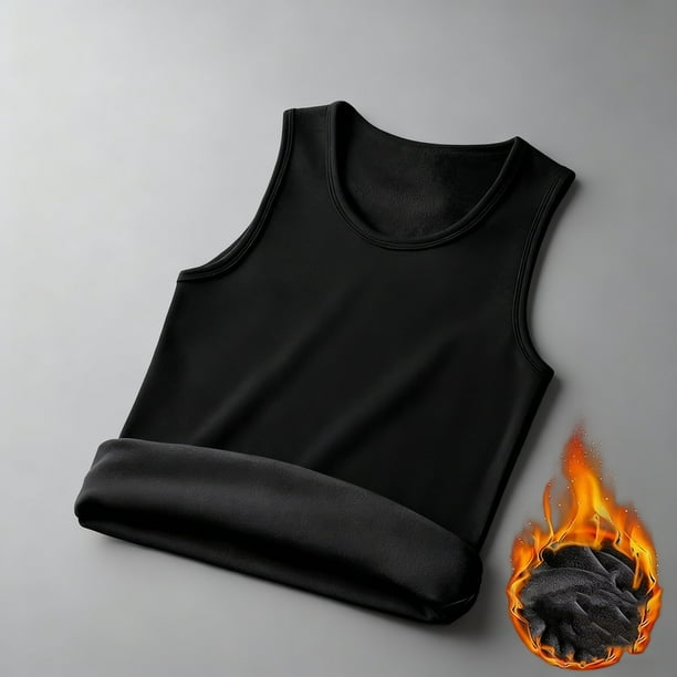 Ropa interior térmica para hombre, camisetas de invierno de color liso con cuello redondo, ropa interior cálida y gruesa de terciopelo, camiseta deportiva sin mangas con hombros descubiertos, camiseta