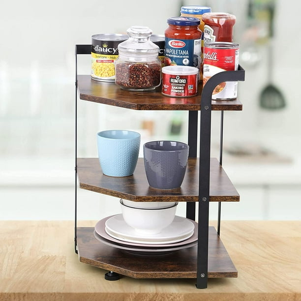 Countertop Corner Shelf, 3Tier Industrial Wood Counter Corner