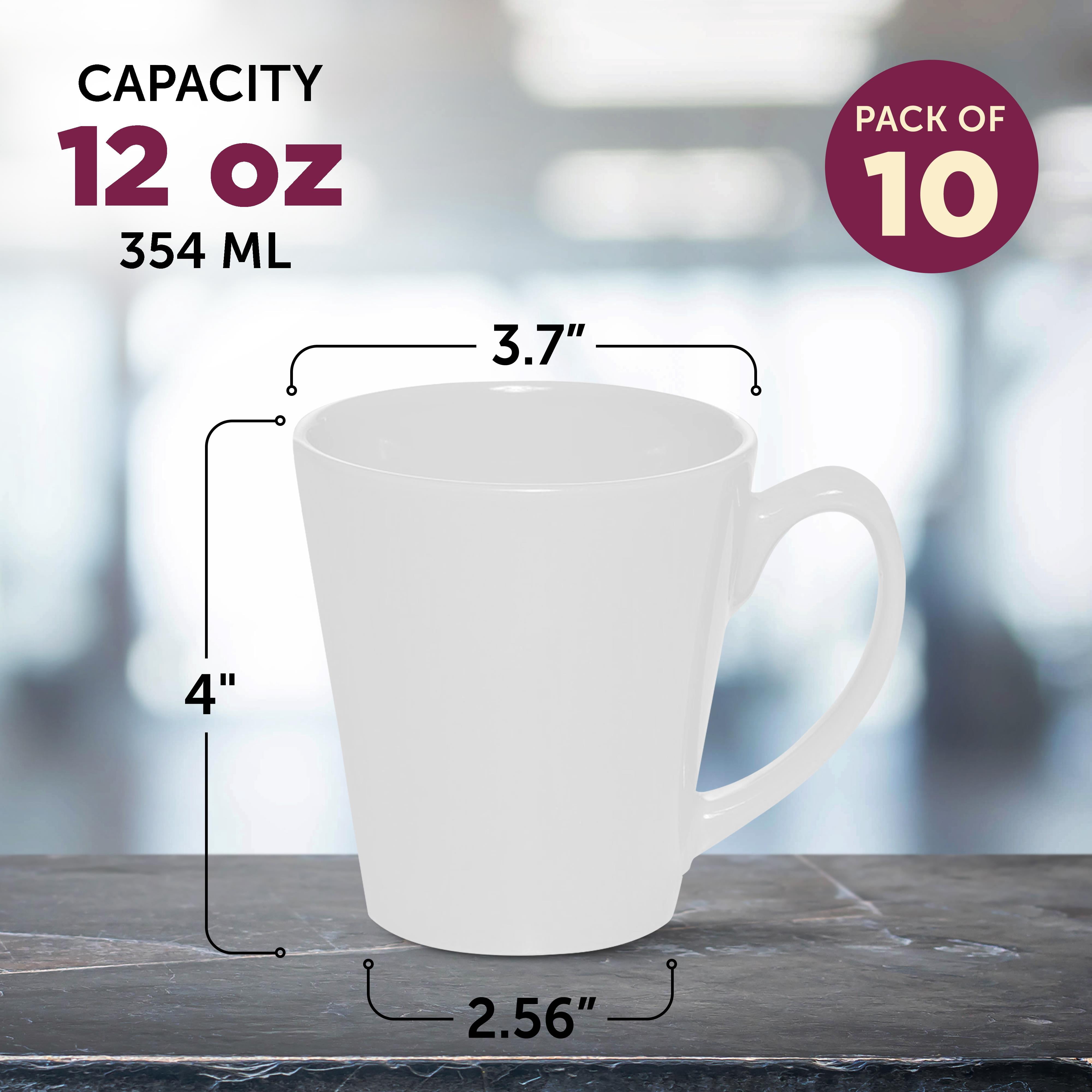 Glossy Ceramic Latte Coffee Mug 12 oz. Set of 10, Bulk Pack - Perfect for Tea, Espresso, Cappuccino, Hot Cocoa - White