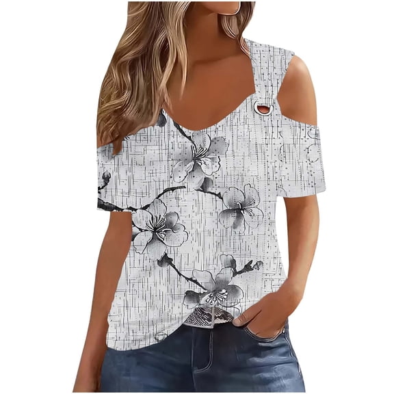 cocolona Womens Summer Cold Shoulder Tops V Neck Short Sleeve Floral Print T-shirts Fashion Casual Loose Blouse Shirts