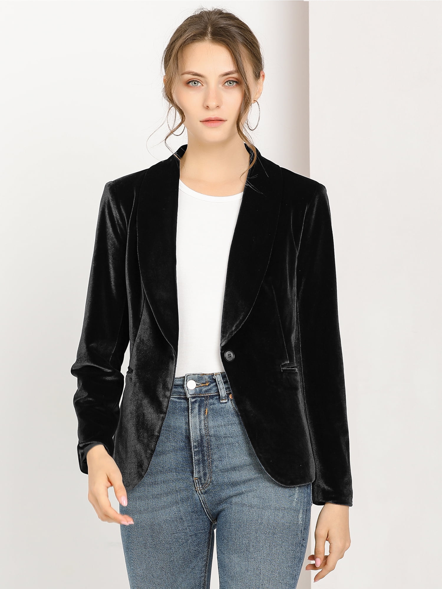 DARING DIVA Women's Velvet Office Coat Solid Shawl Collar Blazer 2XL Black