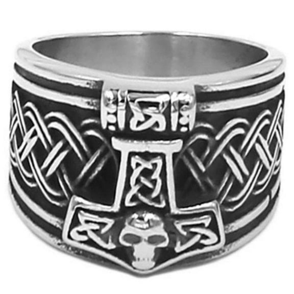 Thors Hammer Ring Mens Stainless Steel Viking Band