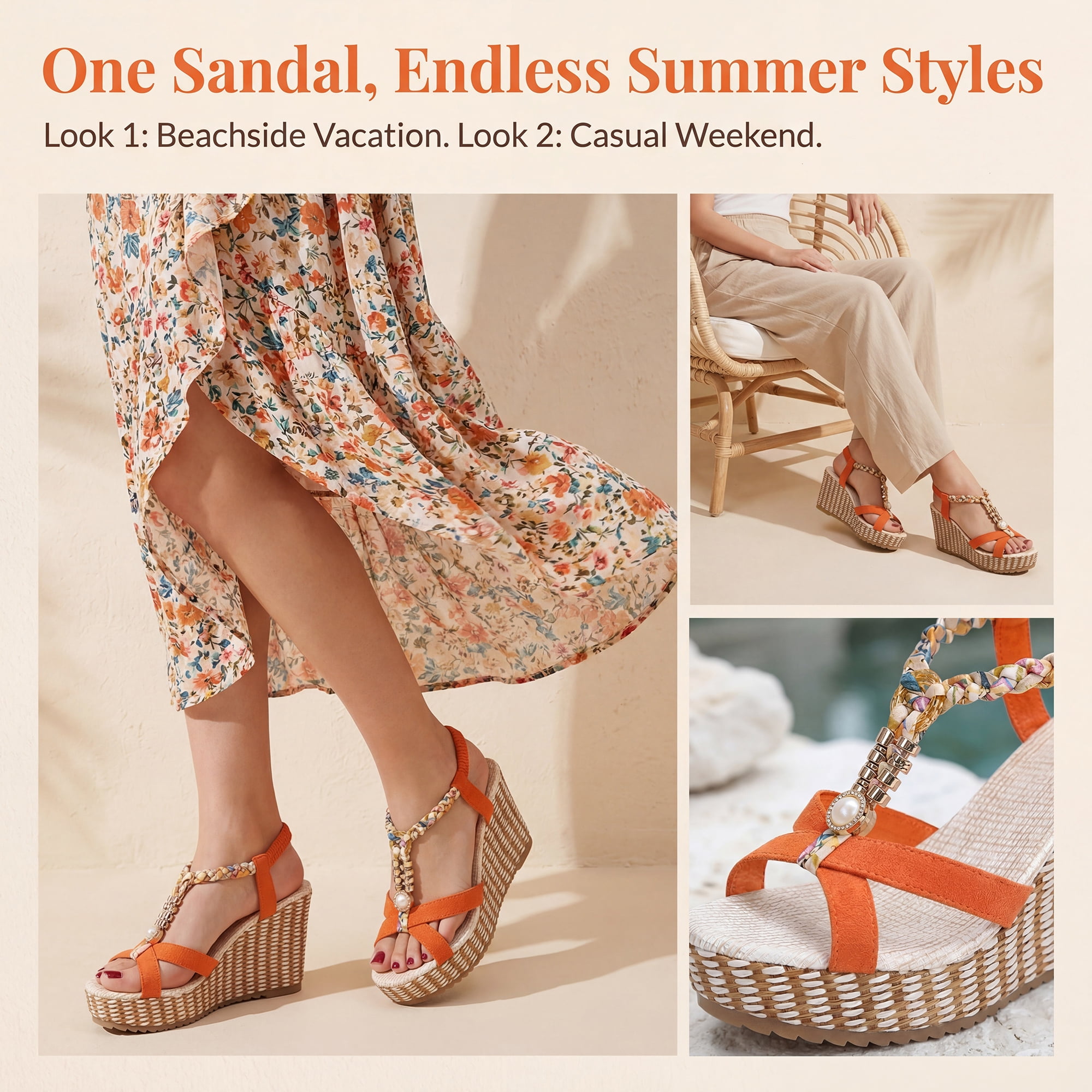 DARING DIVA Women's Stylish Bohemia Pull on Platform Wedge Heel Sandals Orange-1 8.5