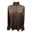 thumbnail image 4 of Women's Satin Button Down Shirt, Long Sleeve Bell Sleeve Blouse, Elegant Solid Color Collared Top for Wrinkle Resistant Formal Office Wear and Daily Outfits Brown L, 4 of 5
