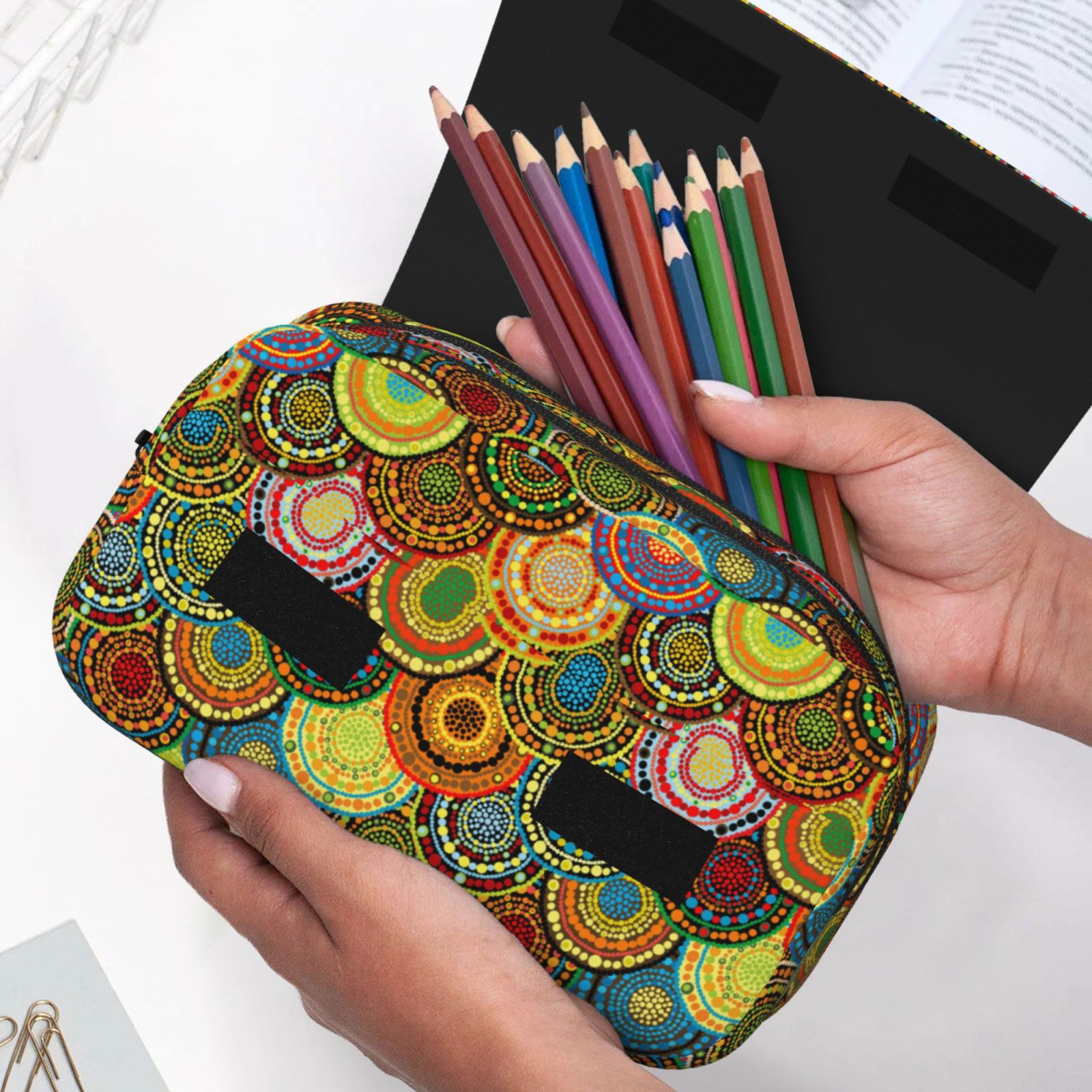 Rateoe Colorful Circle Pattern Double Clamshell Pen Case, Storage Organizer with Two Zipper Compartments– Holds Up to 50 Pencils & Pens