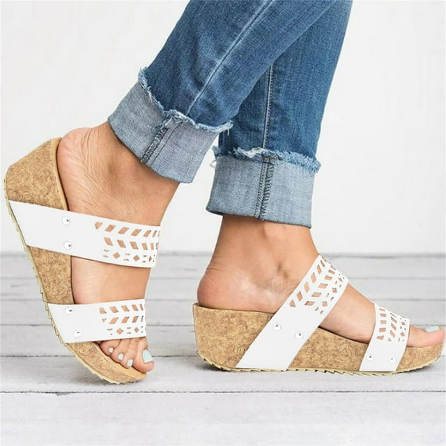 Leozcaa Women Hollow Out Flower Sandals Platform Slide Open Toe Leather Arch Support Casual Slip on Shoes