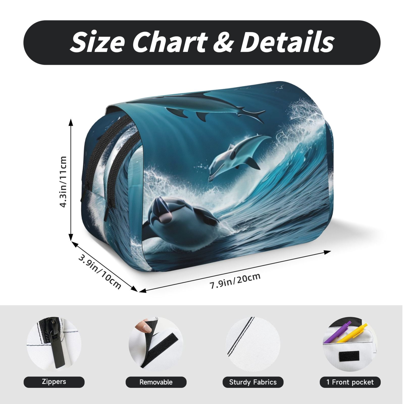 Rateoe Ice Blue Ocean Cute Dolphin A Pattern Double Clamshell Pen Case, Storage Organizer with Two Zipper Compartments– Holds Up to 50 Pencils & Pens