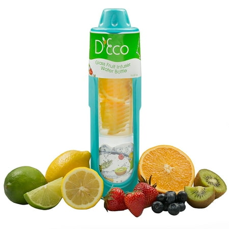 Frit Glass - Fruit Infused Water Bottle- Glass Fruit Infuser (20 oz) with Silicone Grip and Built-In Cylinder by D'Eco