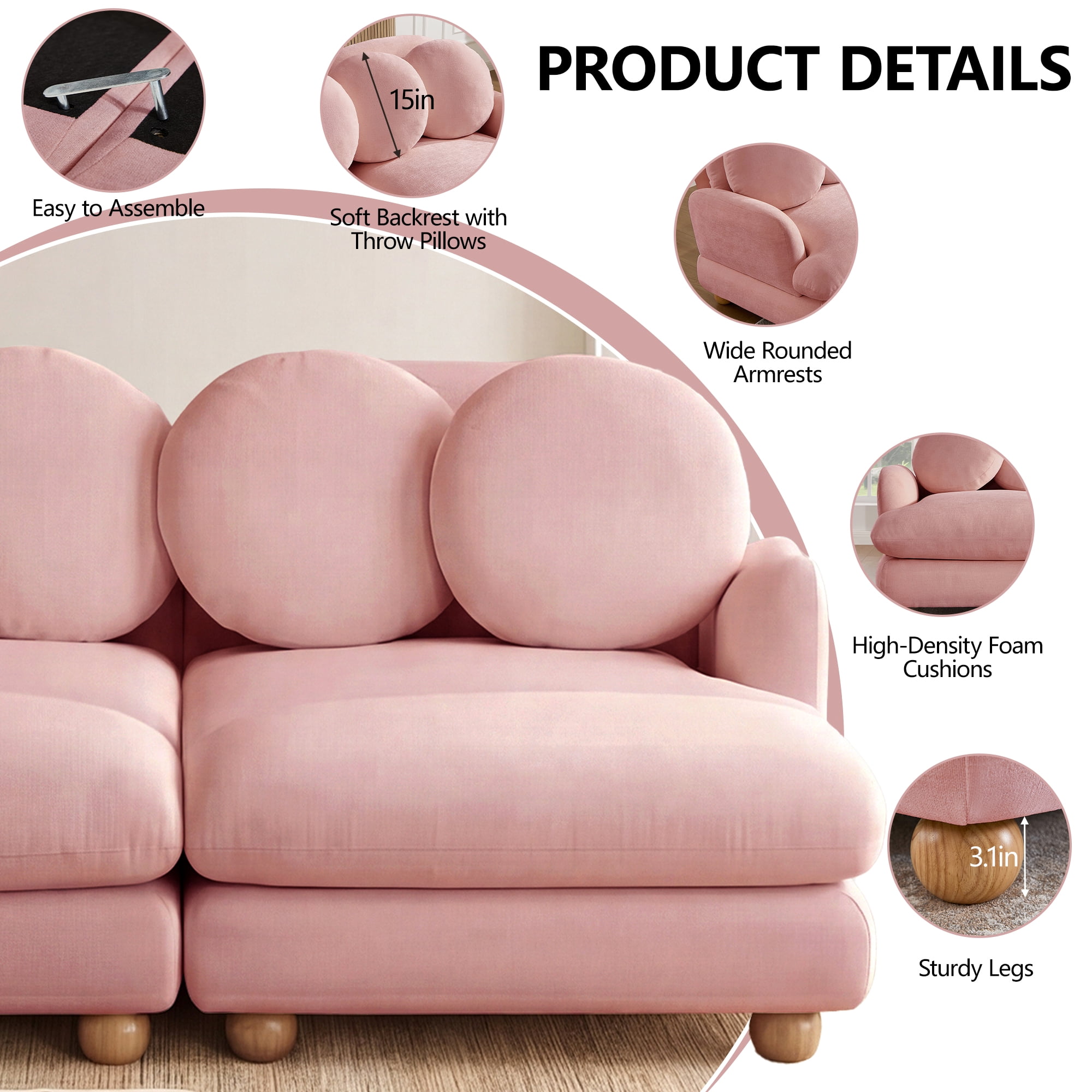 95" 3 Seater Comfy Chenille Modular Sectional Sofa Couch with 6 Throw Pillows