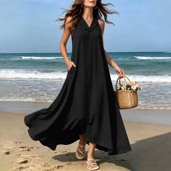 ClodeEU Women's V Neck Sleeveless Maxi Dress with Pockets,Casual Loose Flowy Summer Swing Dress Black,Women's Plus L