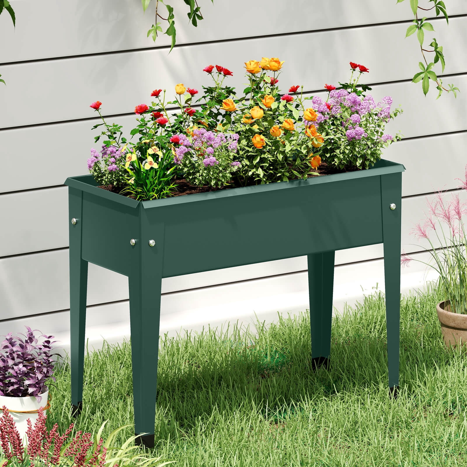 Costway 2 PCS Raised Garden Bed, Elevated Metal Planter Box with Legs and Drainage Holes Green