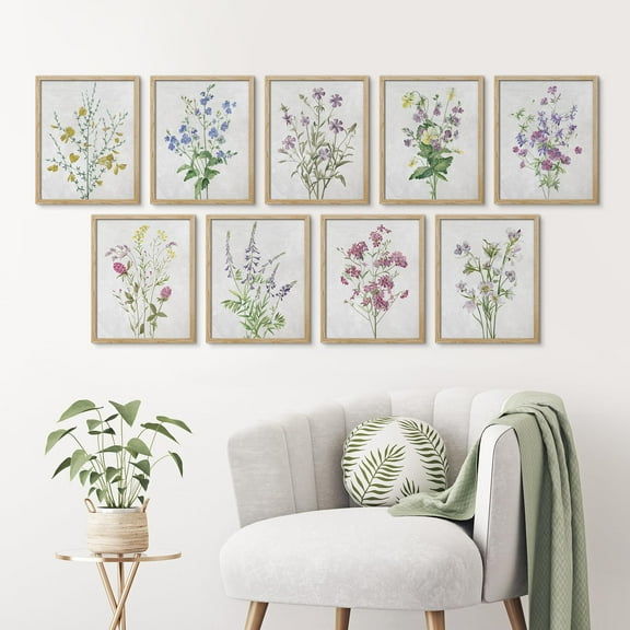 PixonSign Framed Canvas Print Wall Art Set - Colorful Forest Wildflower Bouquet Posters - Set of 9 Boho Floral Botanical Fine Art Vintage Wall Décor for Living Room, Bedroom - 8"x10" Natural