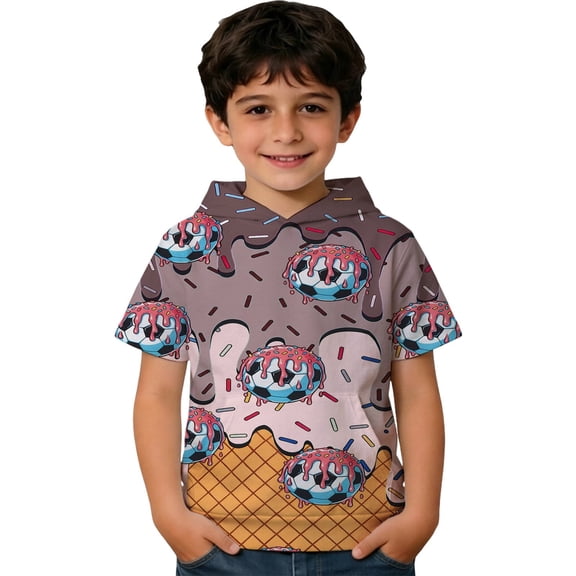 Kids Soccer Ice Cream Print Short Sleeve Hoodie Size 4-12Y Lightweight Pullover With Pocket Summer Top