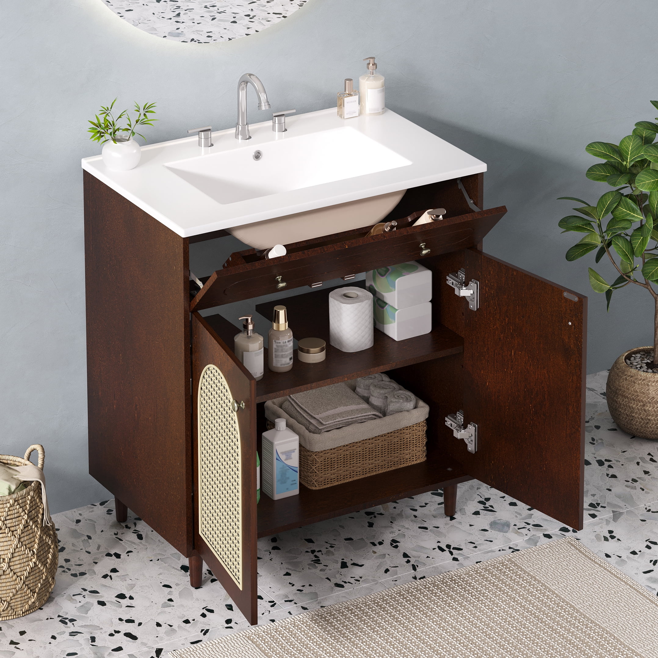 Harper & Bright Designs 30" Rattan Bathroom Vanity with Sink, Single Sink Bathroom Vanity with Tip-Out Drawe and Adjustable Shelf, Freestanding Bathroom Storage Cabinet with Ceramic Basin, Walnut