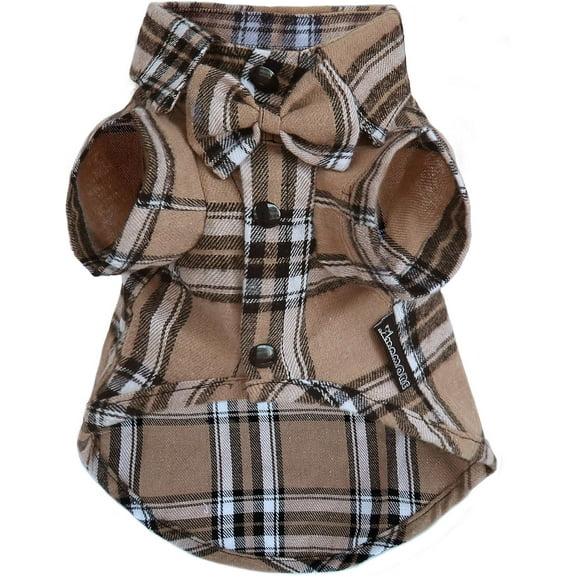 MAMORE Soft Casual Dog Plaid Dog Shirt, Cotton Dog Shirt with Bow Tie for Wedding,Christmas Costumes (Small, Dark Khaki)