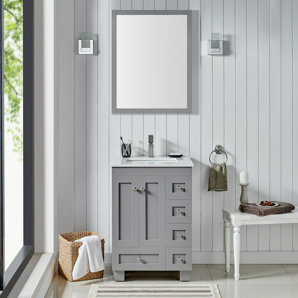 Transitional Gray Bathroom Vanity With, 30 Inch White Bathroom Vanity With Quartz Top