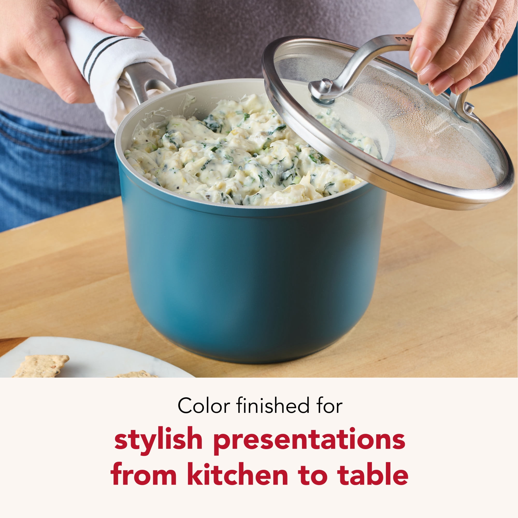 KitchenAid Hard-Anodized 2 Quart Ceramic Induction Saucepan with Lid, Dishwasher Safe and Oven Safe to 500°F, Agave Blue
