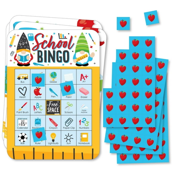 Big Dot of Happiness School Gnomes - Picture Bingo Cards and Markers - Teacher and Classroom Decorations Bingo Game - Set of 18