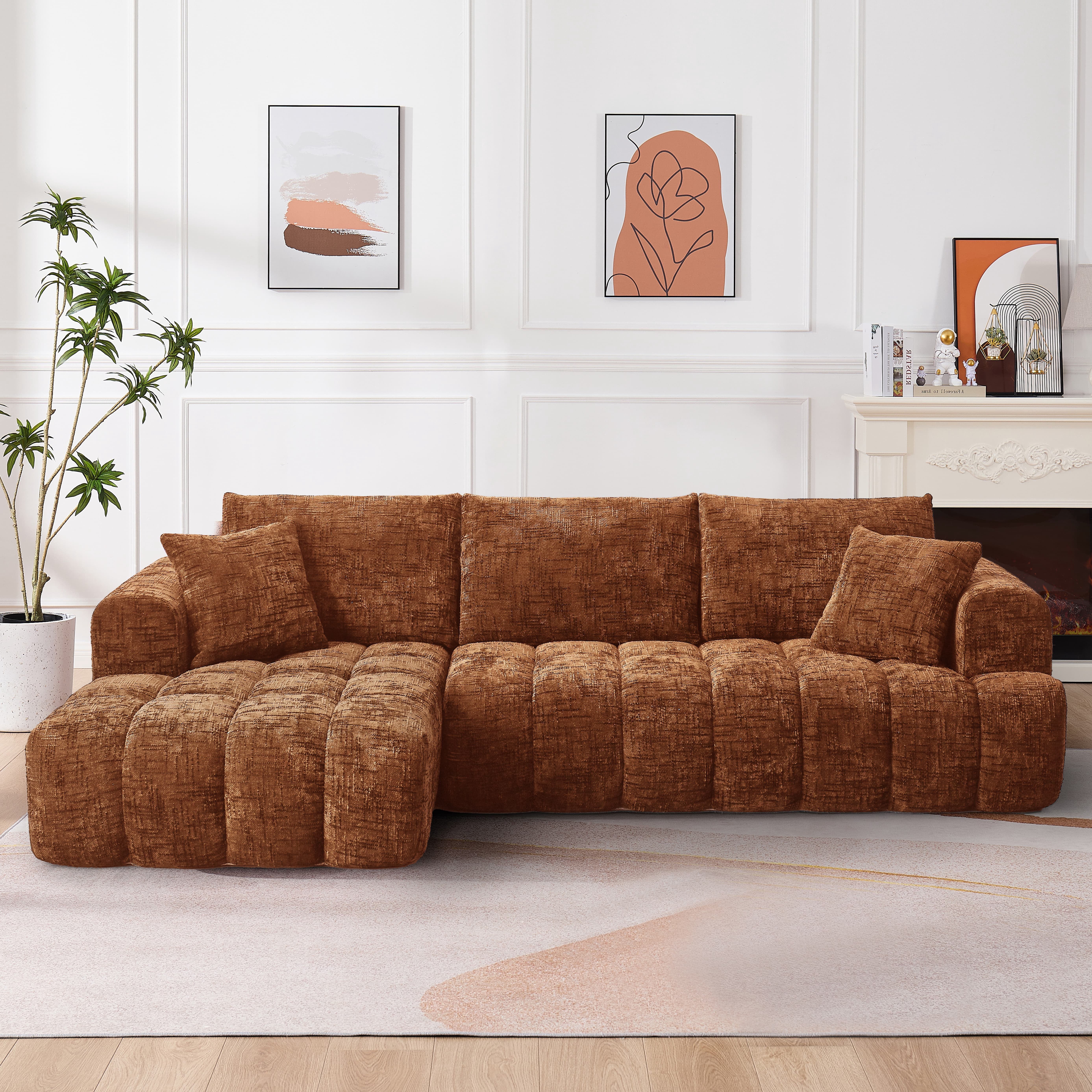 MAYEERTY 108.3" Orange Chenille L-Shaped Modular Sectional Sofa, Pocket Spring No Assembly Couch for Living Room Apartment