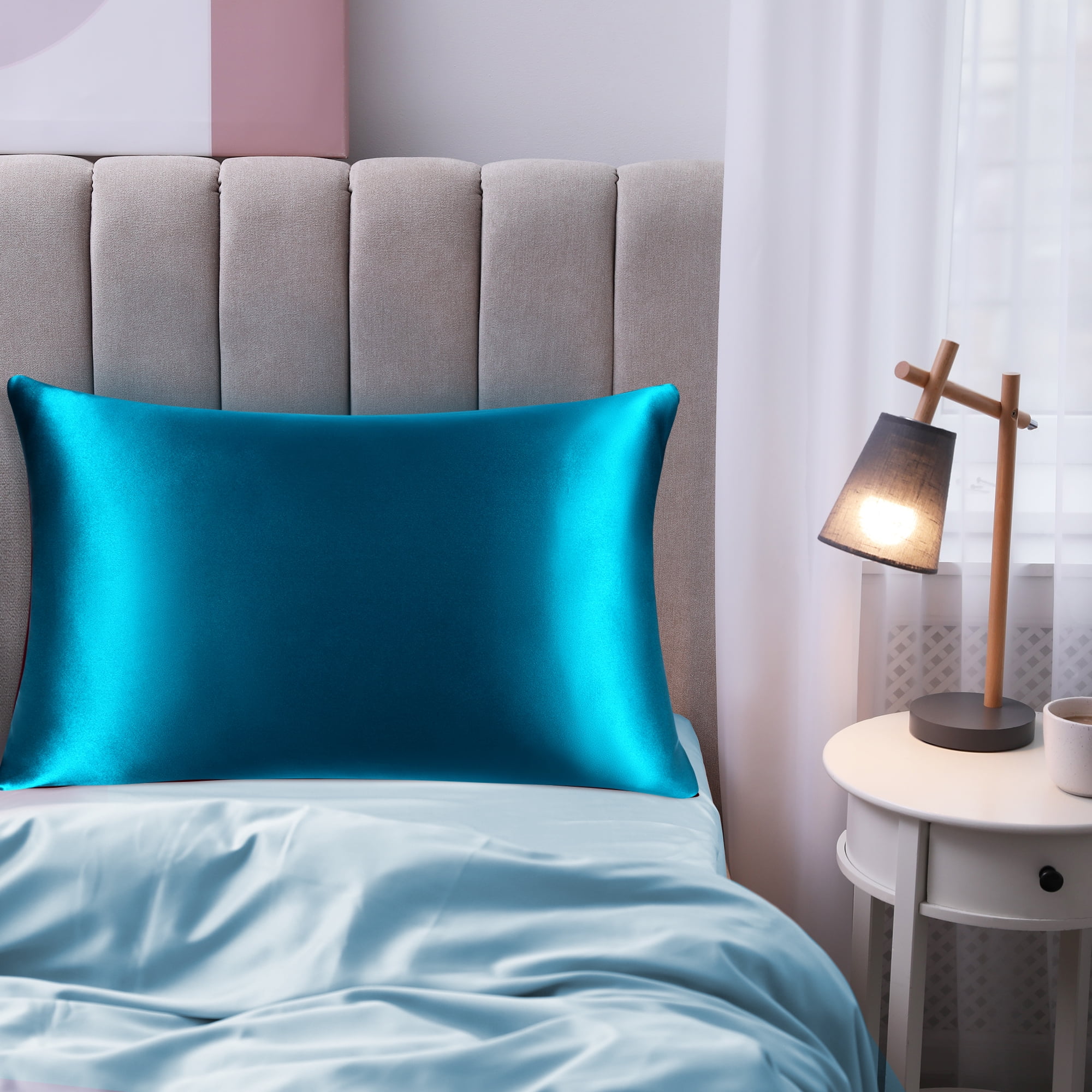 PiccoCasa 1Pc 19 Momme Silk Pillowcase with Envelope Closure Peacock Blue Standard/20"x26"