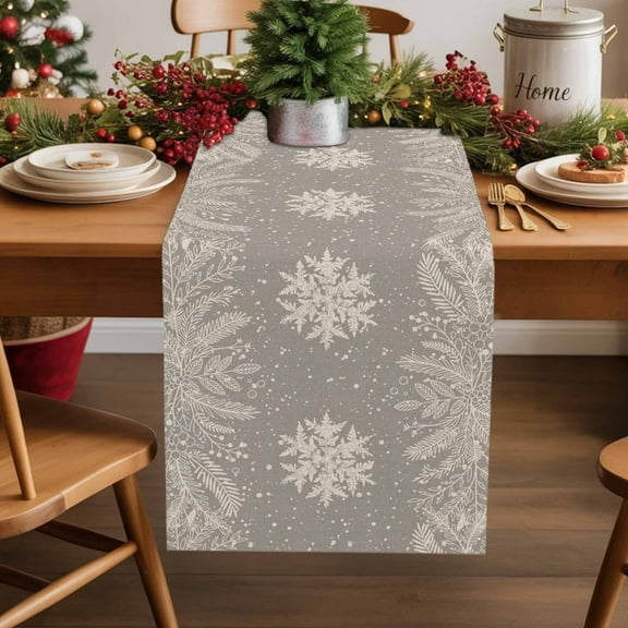 Merry Christmas Winter Snowflakes Gray Table Runner 13x48in Non-Slip Cotton Linen Table Runners, White Botanical Dresser Scarves TableRunner for Dinner Kitchen Dining Wedding Party