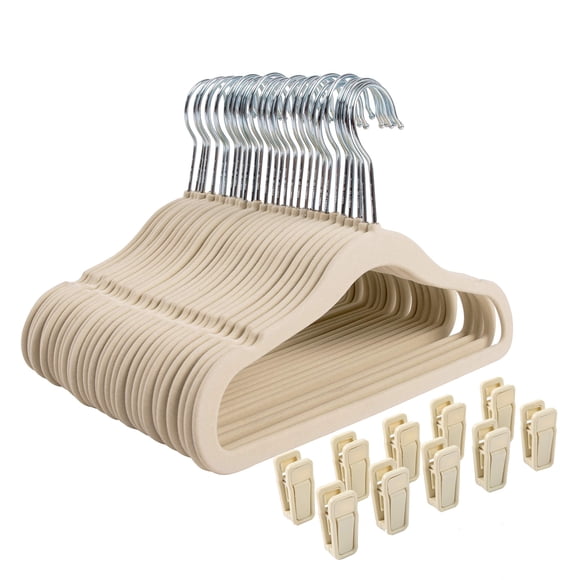 Finnhomy Perchas Antideslizantes para Bebés y Niños, Paquete de 30 Perchas de Terciopelo con 10 Clips para Dedos,Beige